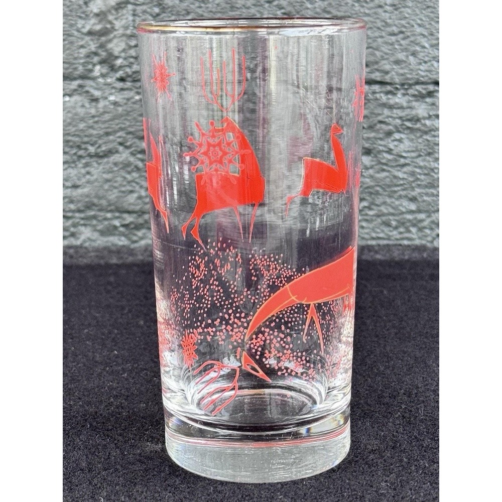 6 Rare Vintage MCM Libbey Atomic Christmas Reindeer Red Gold Highball Glasses - Picture 4 of 7